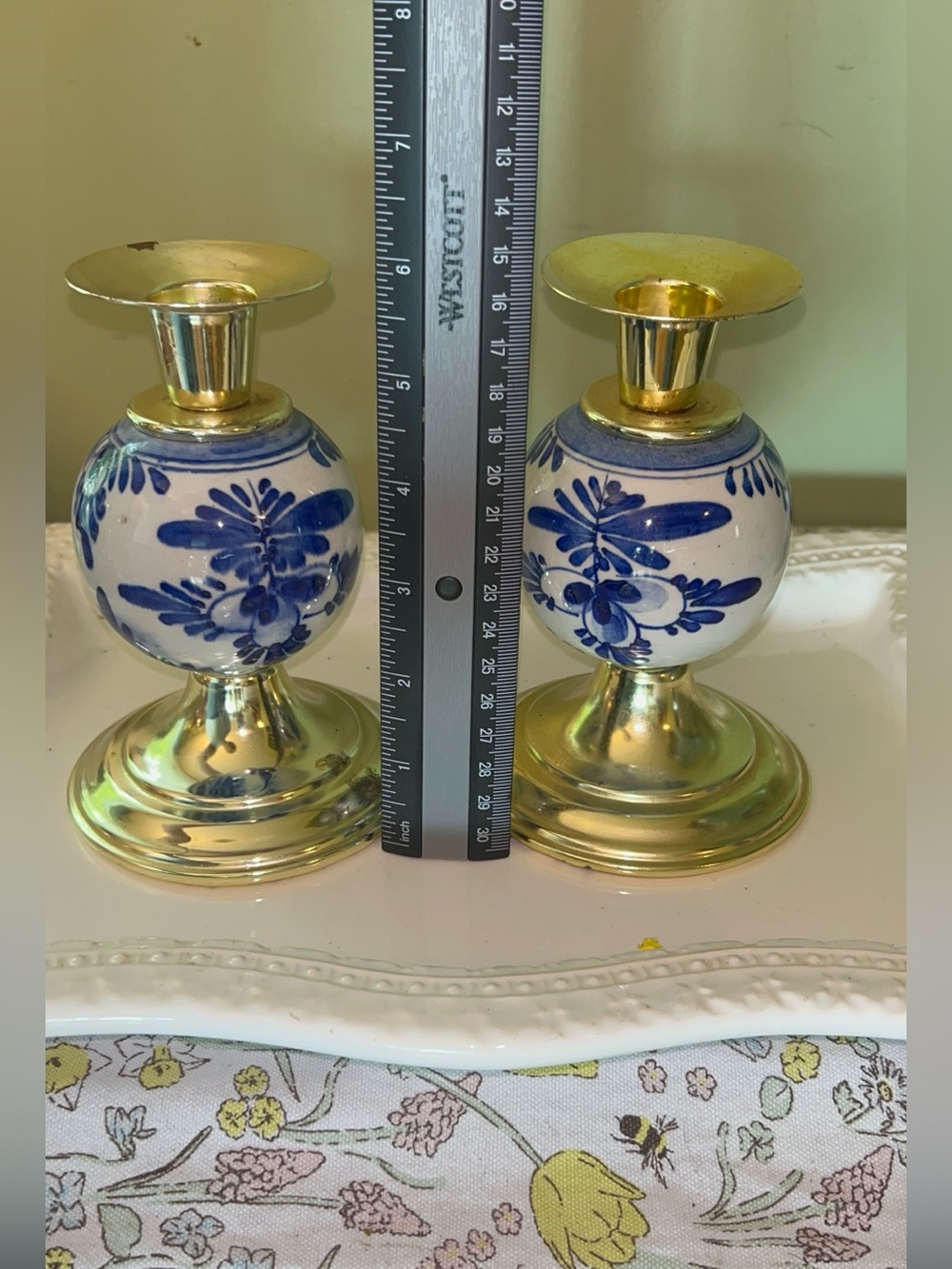 Brass and Blue Floral Globe Candle Holders - Set of 2 - Picture 10 of 11